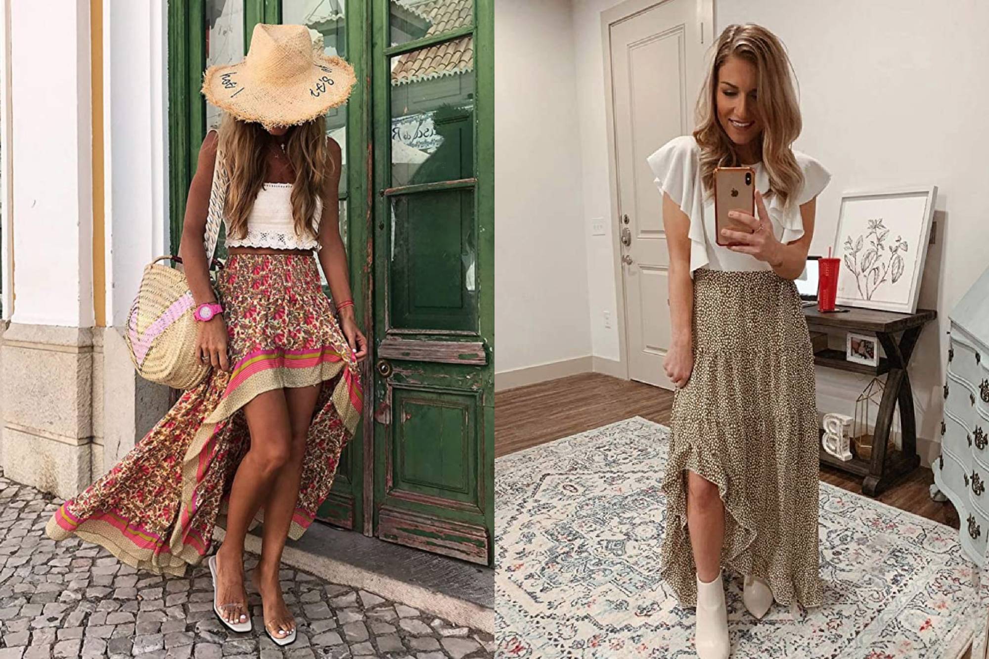 BTFBM Women's Boho Print High Low Long Skirt