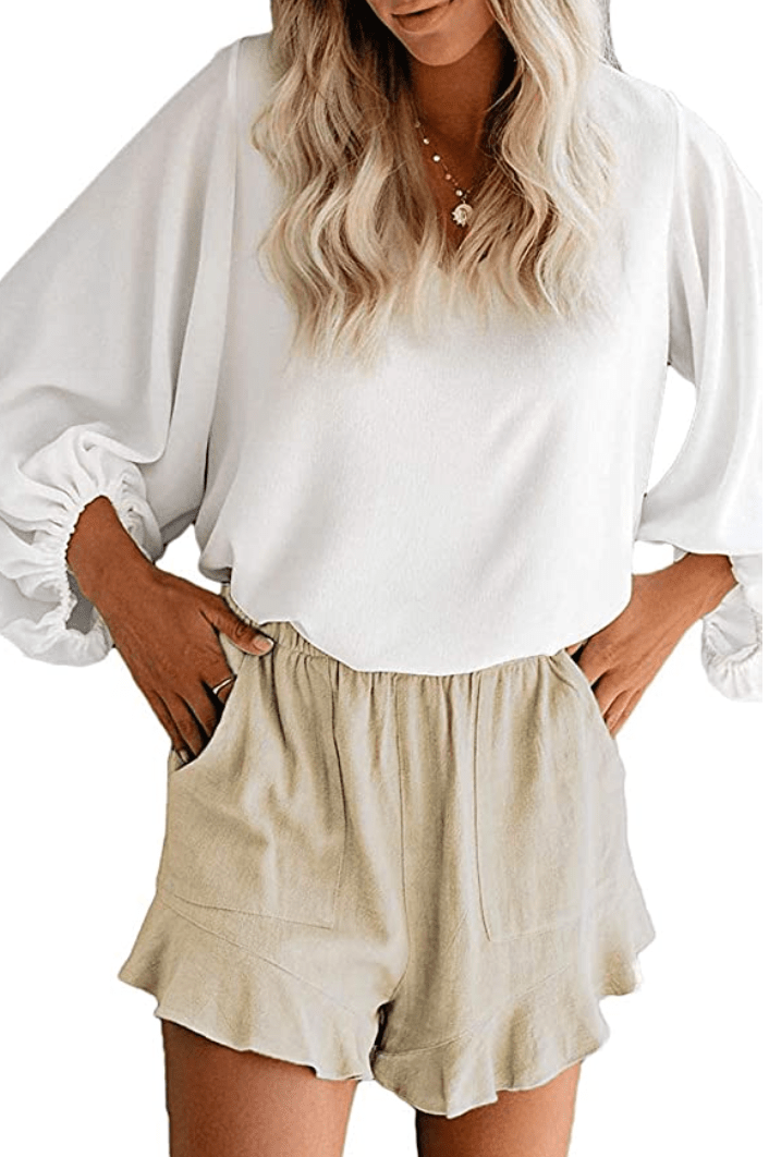 Mosucoirl Women's Comfy Drawstring Elastic Waist Shorts (Beige)