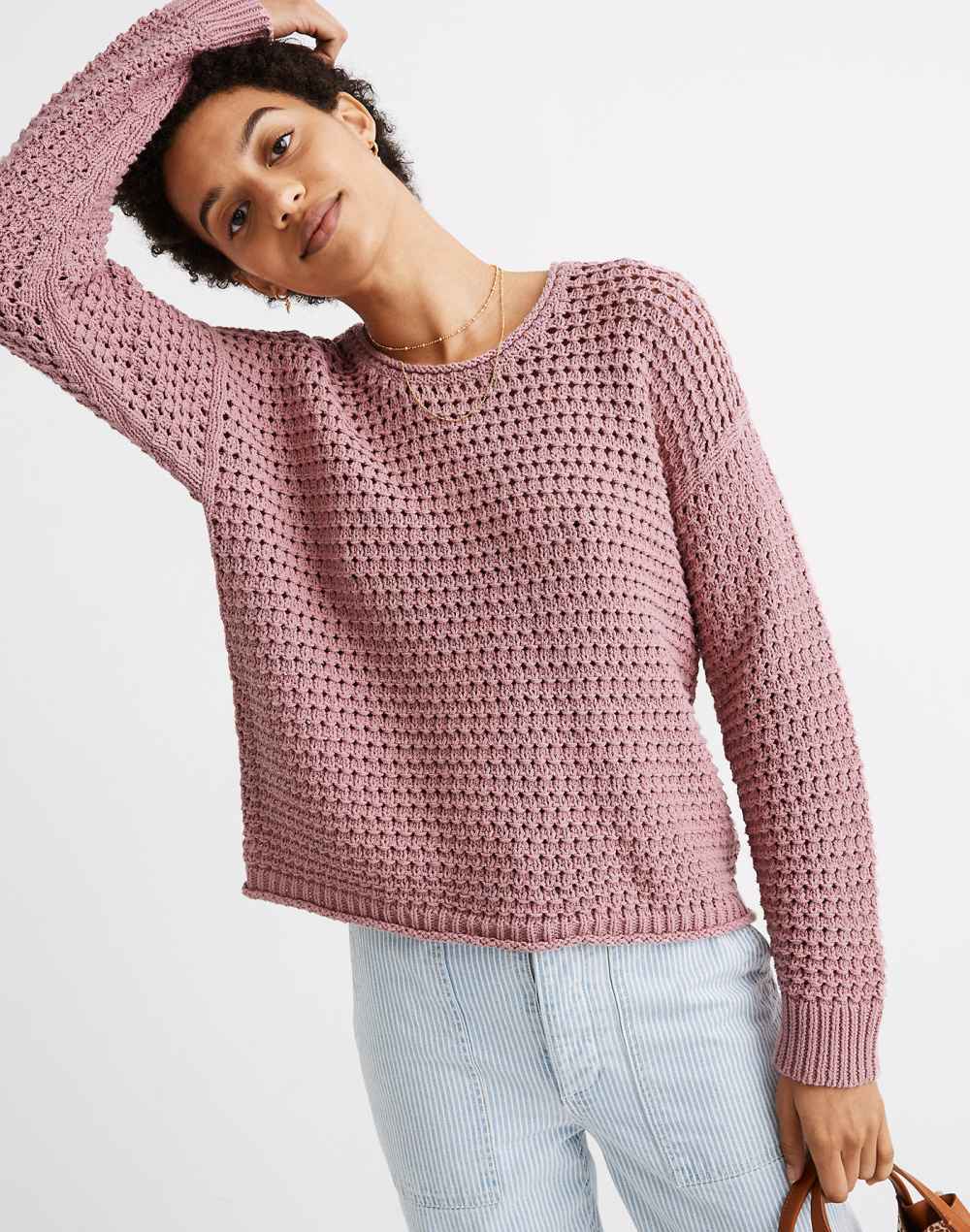 Open-Stitch Austen Pullover Sweater (Weathered Berry)