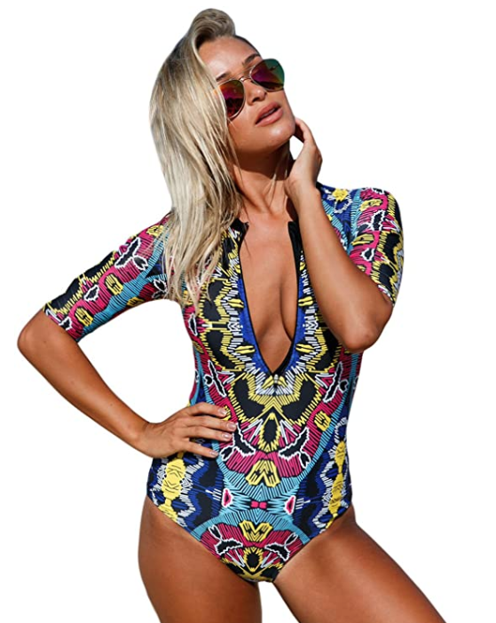 ROSKIKI Women's Zip Front Printed Long Sleeve One Piece Swimsuit