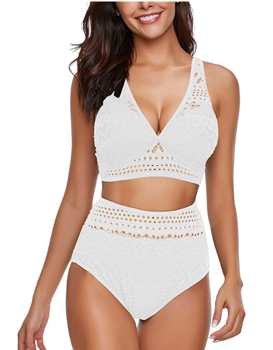 Utyful Women's Crochet Lace V Neck High Waist Bikini Set