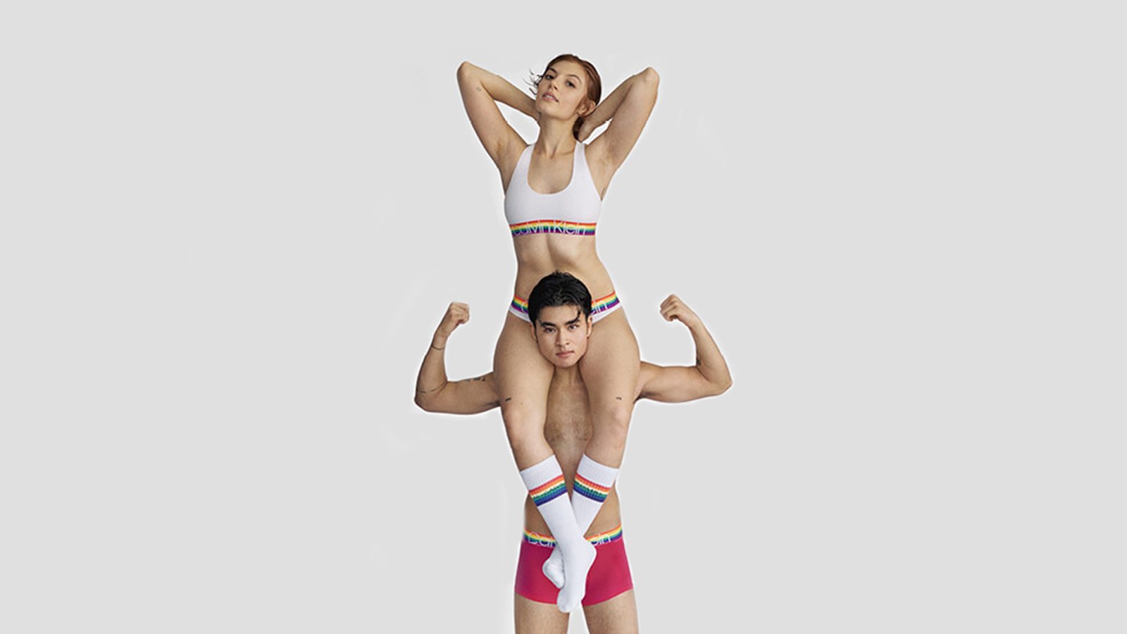 MaryV and Chella Man wearing pieces from Calvin Klein's Pride 2020 Collection.