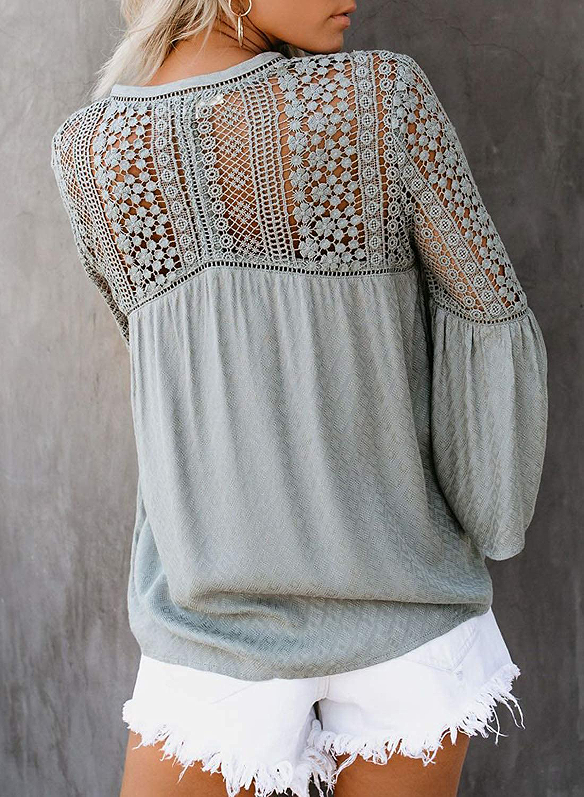 FARYSAYS Lace Crochet V Neck Bell Sleeve Button Down Shirt