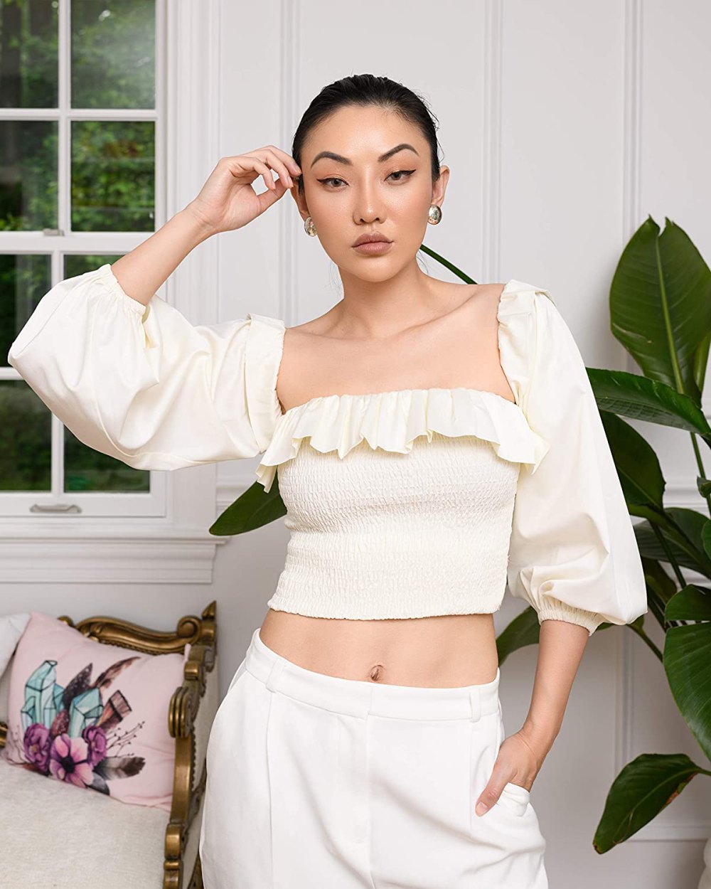 The Drop Women's Cloud White Smocked Ruffle-Neck Top with Straps by @jessicawang