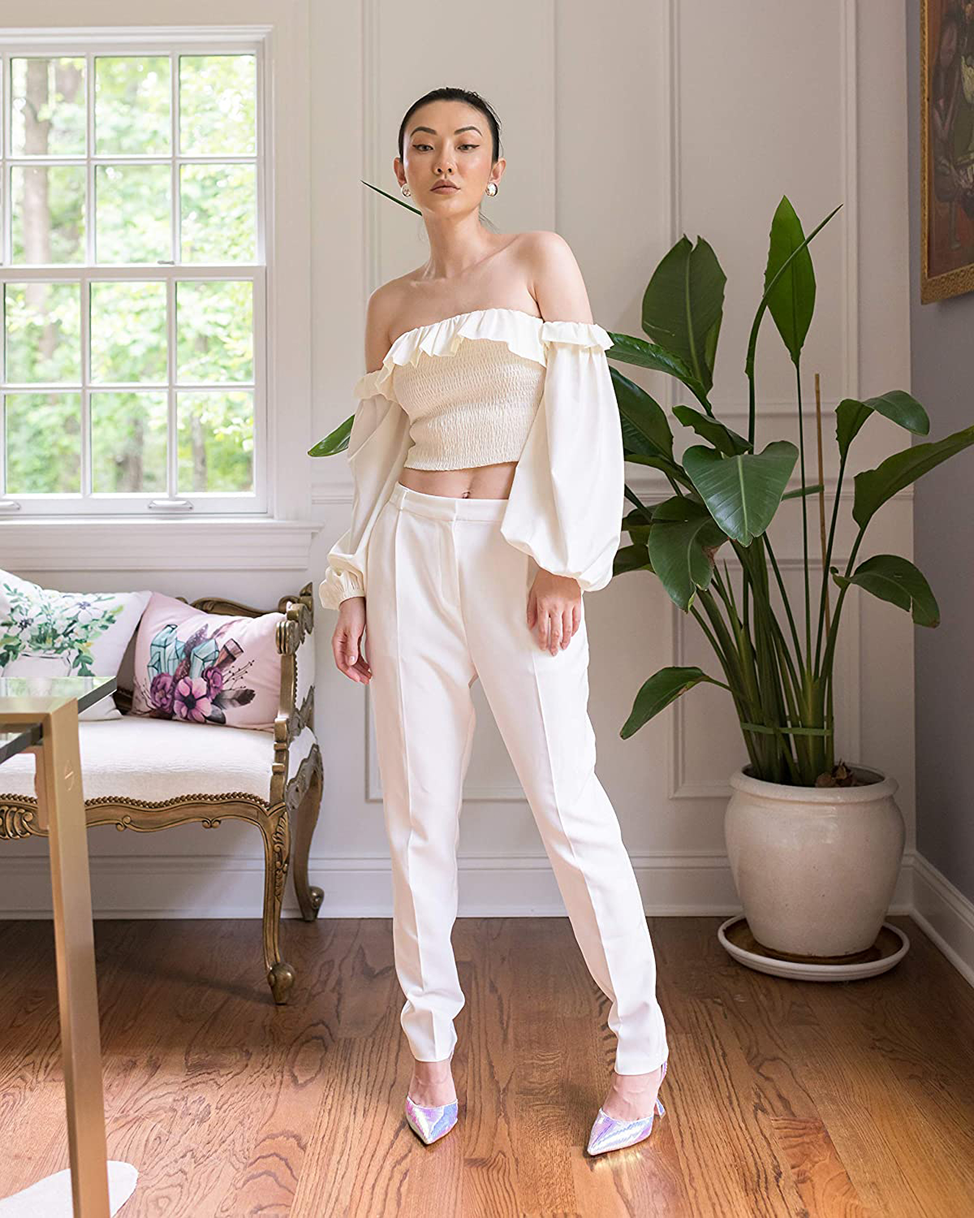 The Drop Women's Cloud White Smocked Ruffle-Neck Top with Straps by @jessicawang