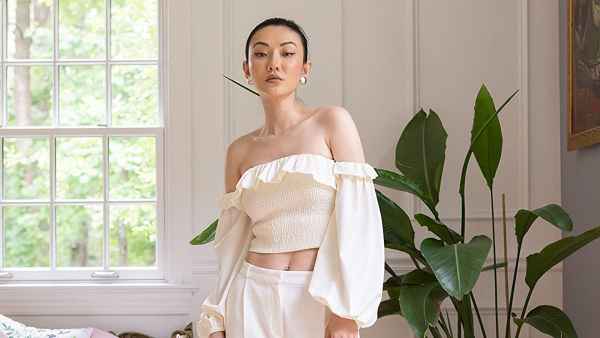 The Drop Women's Cloud White Smocked Ruffle-Neck Top with Straps by @jessicawang