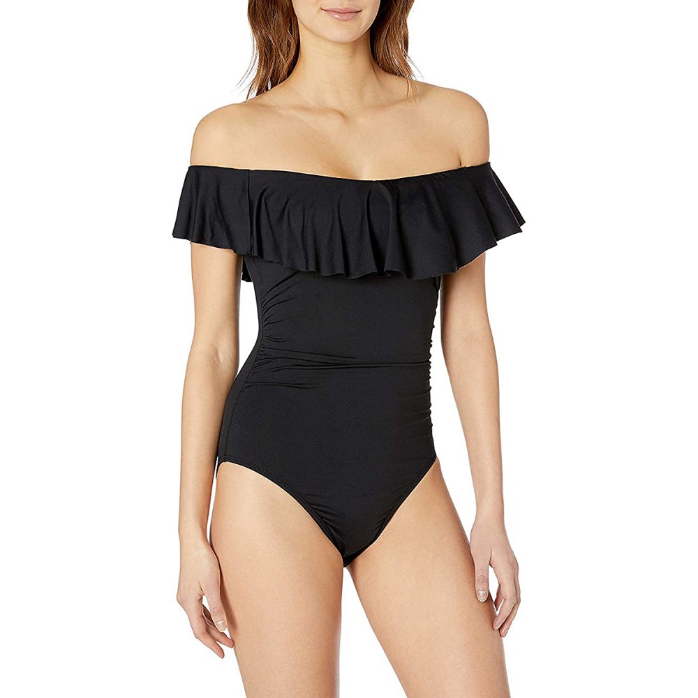 La Blanca Island Goddess Off-The-Shoulder Ruffled Tummy-Control One-Piece Swimsuit