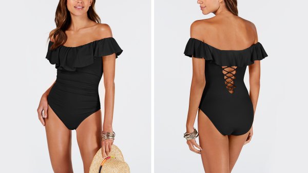La Blanca Island Goddess Off-The-Shoulder Ruffled Tummy-Control One-Piece Swimsuit