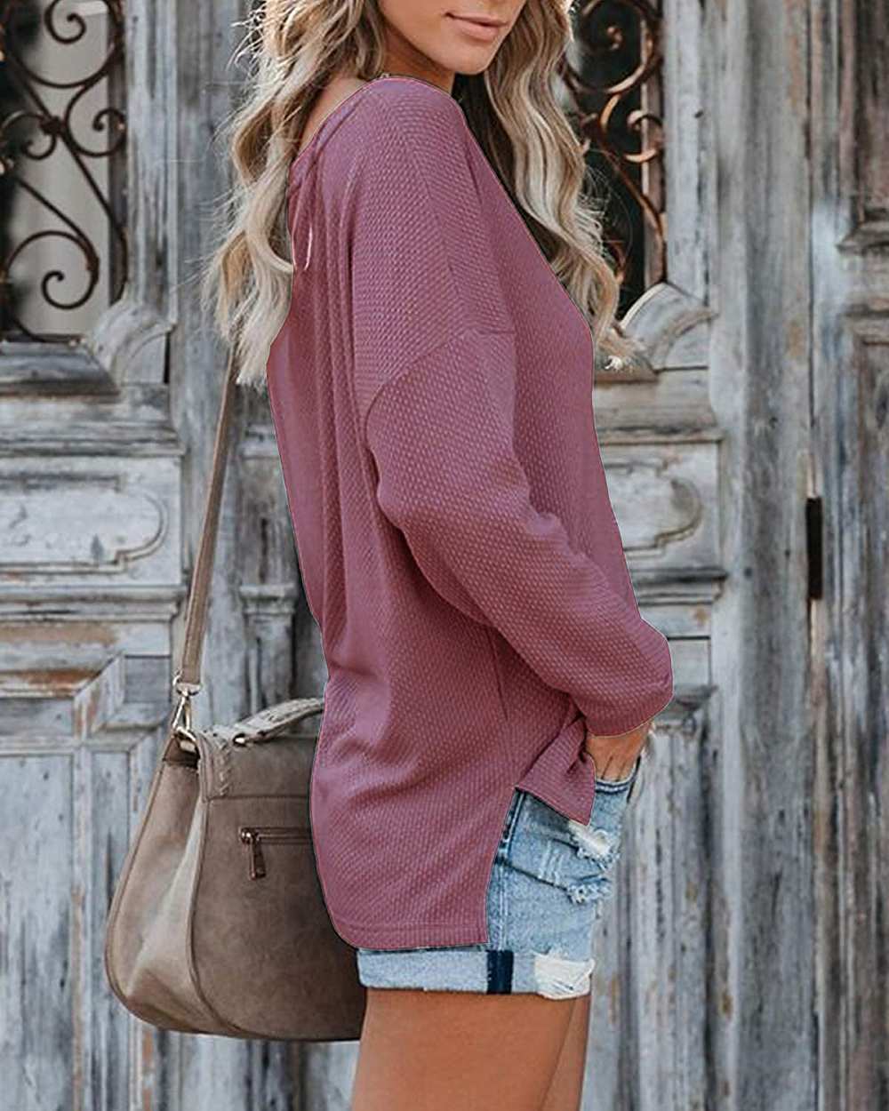Yanekop Off Shoulder Waffle Knit Long Sleeve Loose Fit Pullover