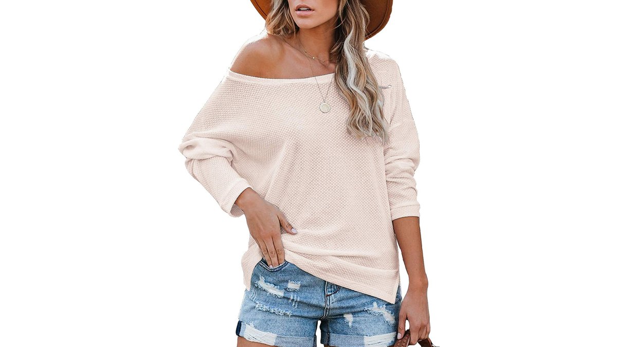 Yanekop Off Shoulder Waffle Knit Long Sleeve Loose Fit Pullover