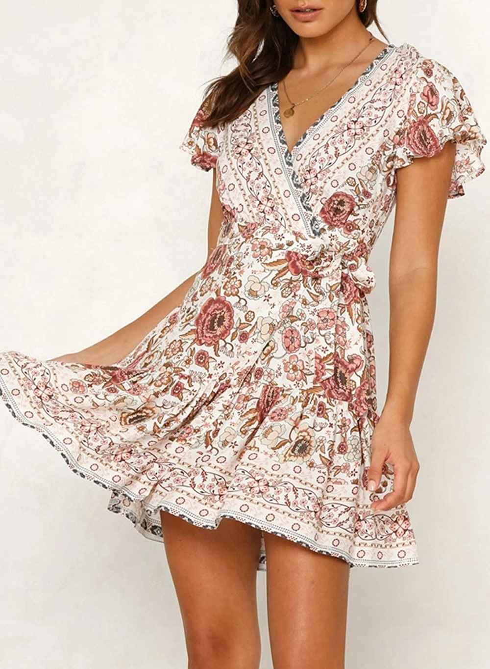 ZESICA Summer Wrap V Neck Bohemian Mini Dress
