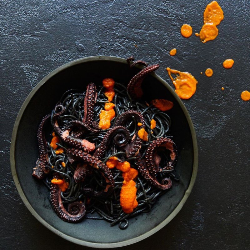 9 Squid Ink Pasta with Octopus and Spicy Tomato Sauce Tiffani Thiessen recipe