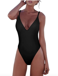 Adreamly Women's One Piece Tummy Control V Neck Backness Swimsuit (Black)