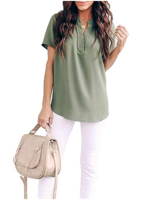 Allimy Women's Summer Casual Split V Neckline Loose Tunic Short Sleeve Top (Army)