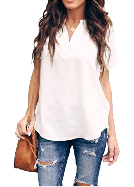 Allimy Women's Summer Casual Split V Neckline Loose Tunic Short Sleeve Top (White)