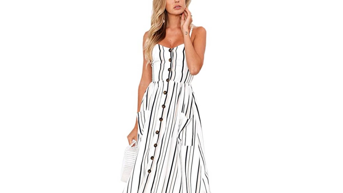 Angashion Women's Adjustable Spaghetti Strap Button Down Swing Midi Dress with Pockets