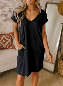 BTFBM Women's V-Neck Short Sleeve Casual T-Shirt Dress (Black)
