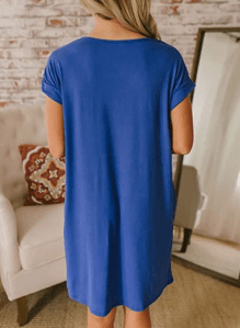 BTFBM Women's V-Neck Short Sleeve Casual T-Shirt Dress (Blue)