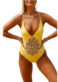 Bdcoco Women's Sexy V Neck Crochet One Piece (Yellow)