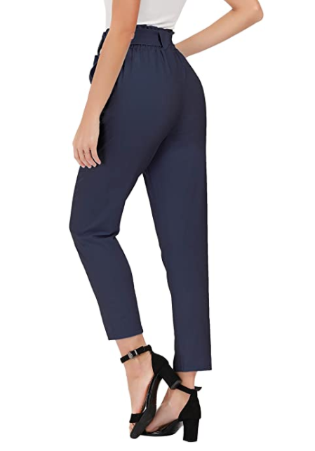 GRACE KARIN Women's Cropped Paper Bag Waist Pants with Pockets (Navy Blue)