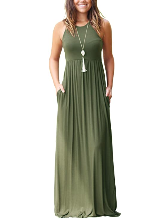 GRECERELLE Women's Sleeveless Racerback Loose Plain Maxi Dress (Army Green)