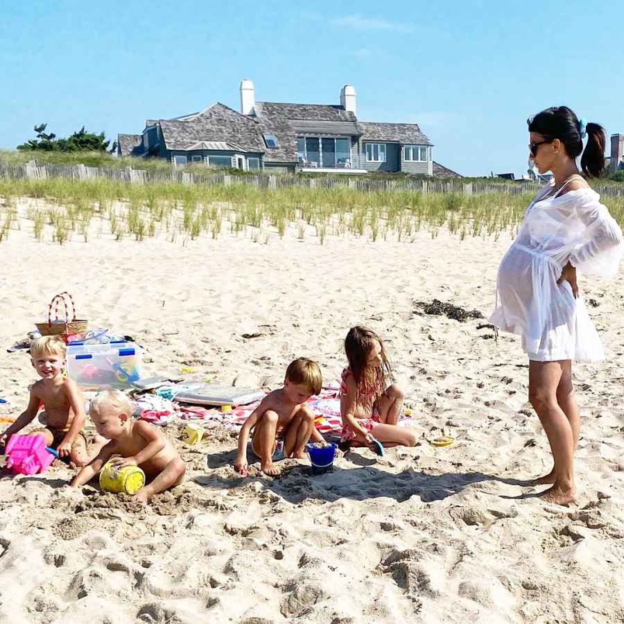 Hilaria Baldwin Baby Bump with Four Kids on the Beach