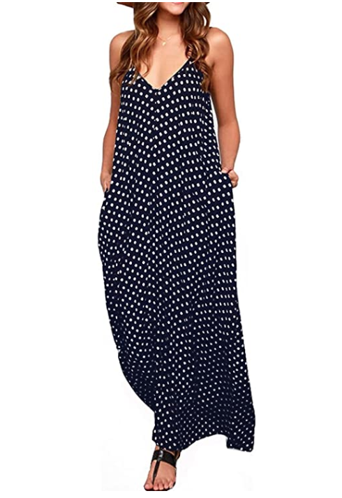 LILBETTER Women V-Neck Polka Dot Print Maxi Dress (Navy Blue Dot)