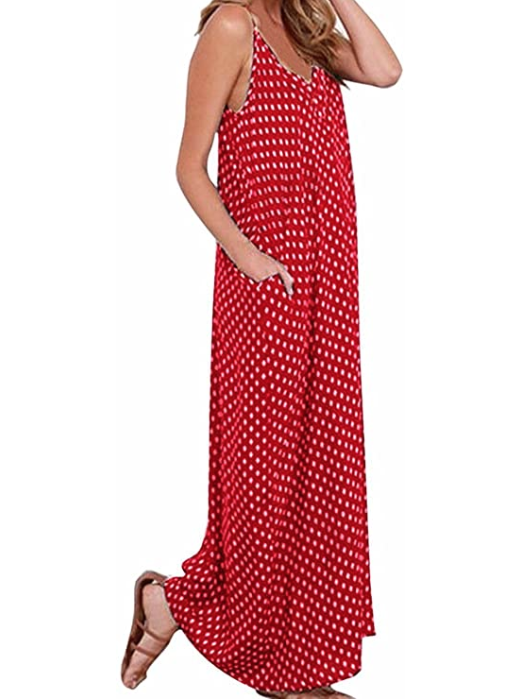 LILBETTER Women V-Neck Polka Dot Print Maxi Dress (Red Dot)