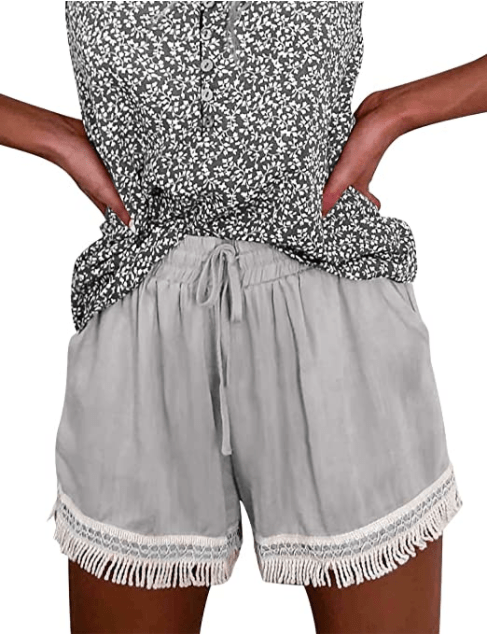 MEROKEETY Women's Boho Elastic Waist Drawstring Shorts (Light Grey)