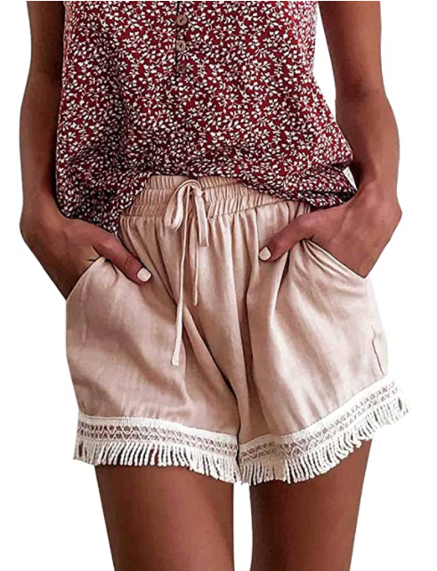 MEROKEETY Women's Boho Elastic Waist Drawstring Shorts (Light Pink)