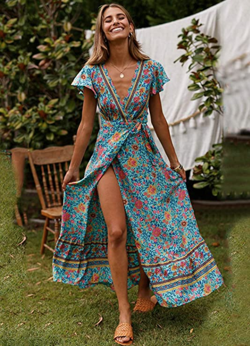 PRETTYGARDEN Women’s Summer V Neck Wrap Vintage Floral Print Dress (129 Green)