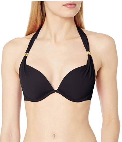 Smart & Sexy Women's Swim Secret Mega Push-up Halter Bikini Top (Black Hue)