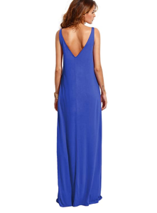 Verdusa Women's Casual Sleeveless Deep V Neck Summer Beach Maxi Dress (Blue)