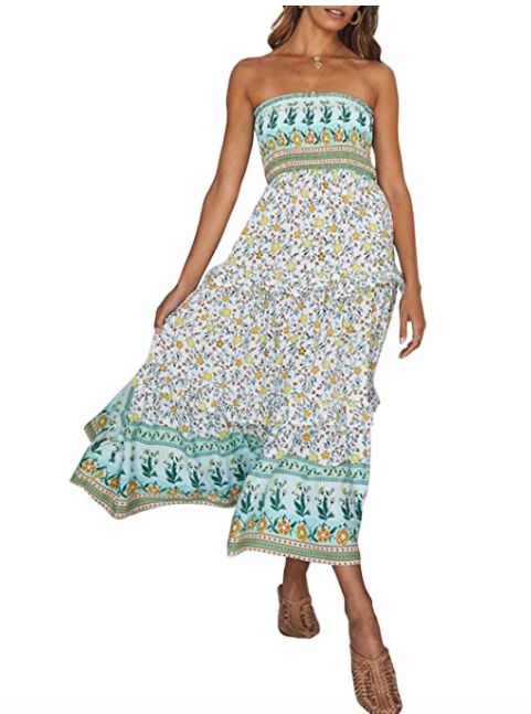 ZESICA Women's Summer Bohemian Floral Printed Strapless Maxi Dress (Light Green)