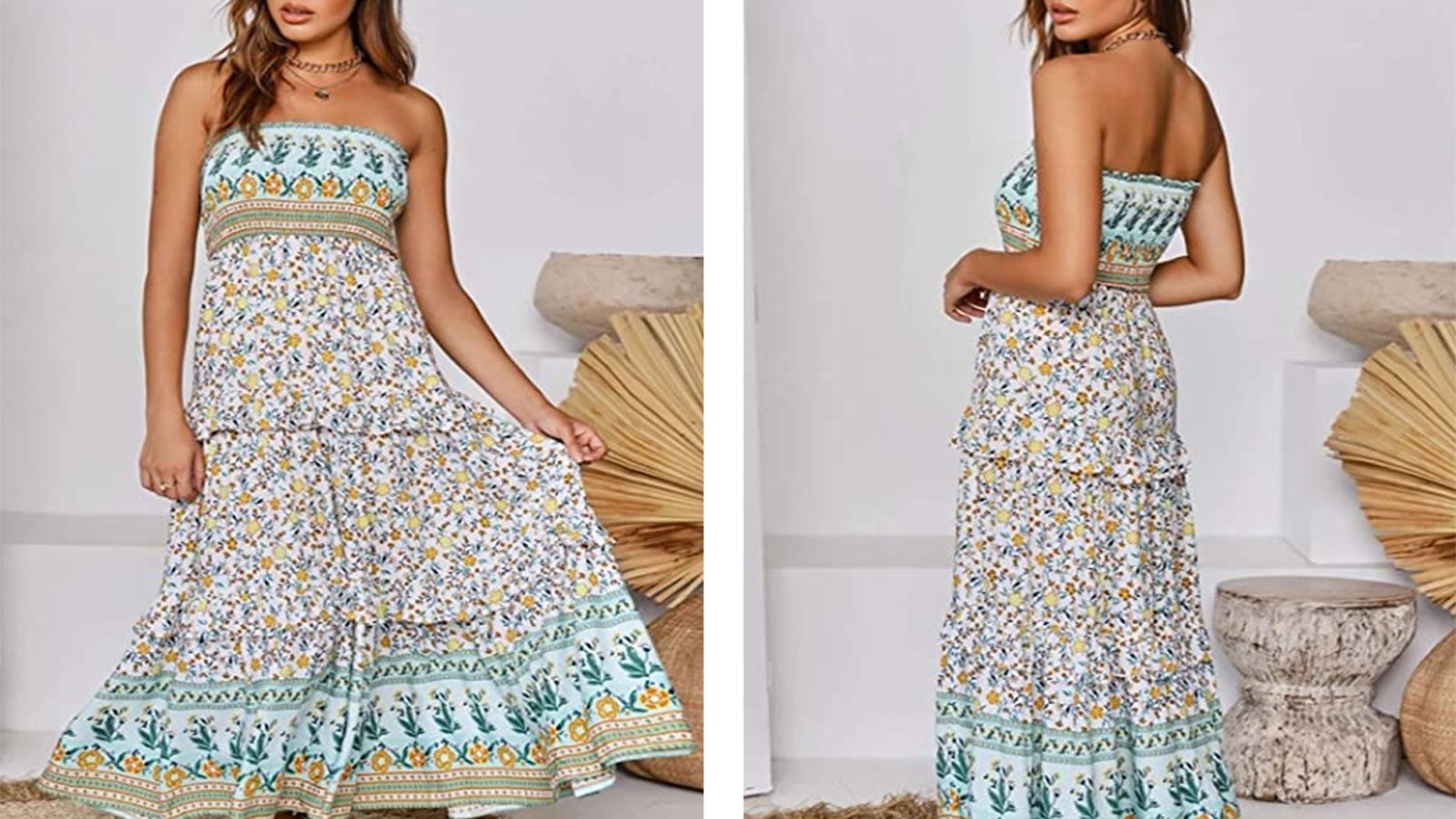 ZESICA Women's Summer Bohemian Floral Printed Strapless Maxi Dress