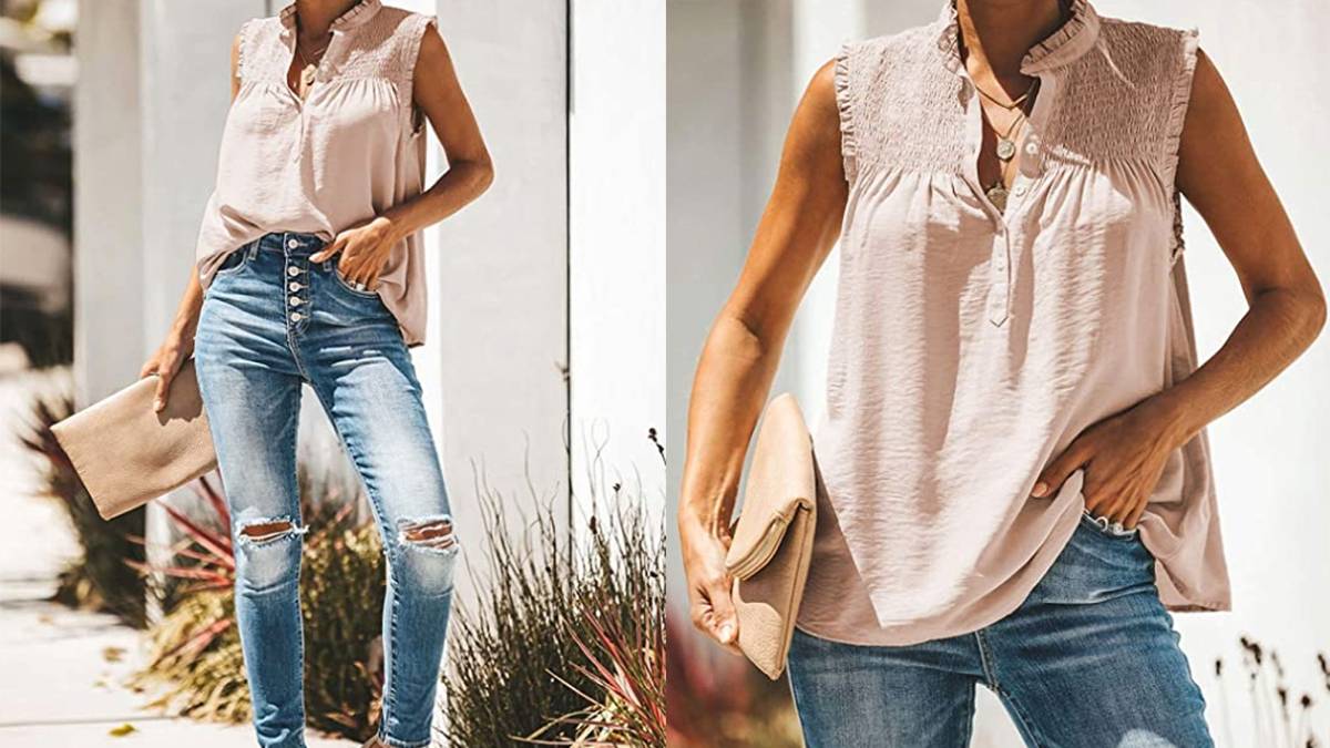 ZKESS Women's Casual Ruffle Sleeveless V Neck Button Down Tank Top