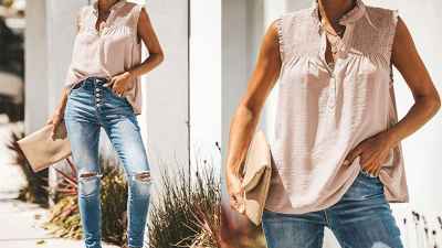 ZKESS Women's Casual Ruffle Sleeveless V Neck Button Down Tank Top
