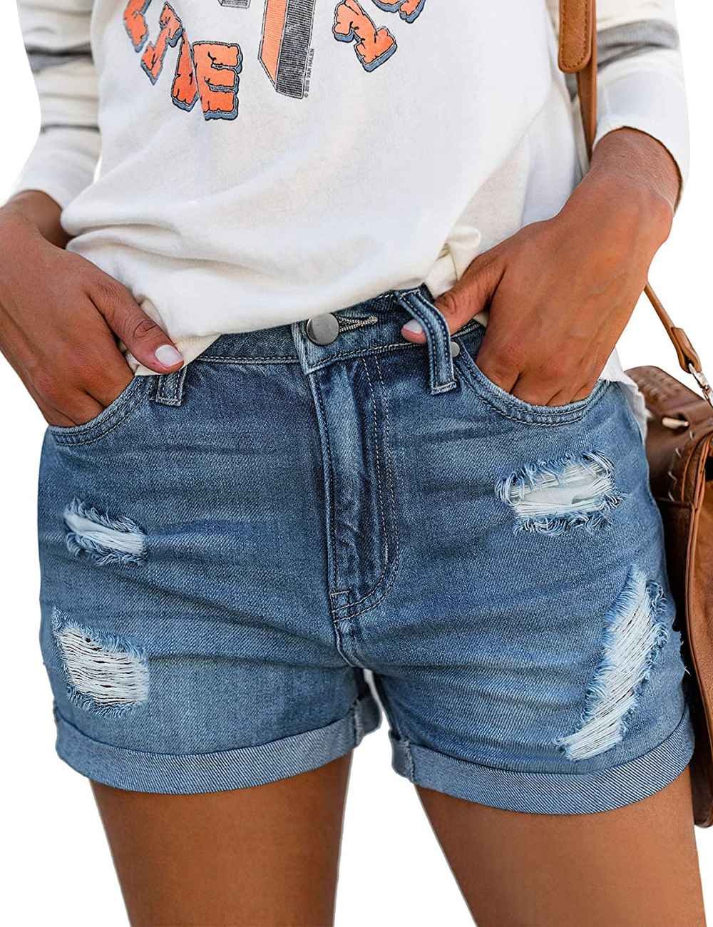 Utyful Summer Mid Waist Ripped Stretchy Jean Shorts