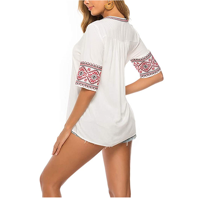 AK Women's Summer V Neck Boho Embroidered Mexican Shirt (White)