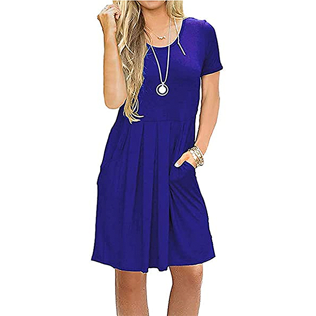 AUSELILY Women's Short Sleeve Pleated Loose Swing Dress (Royal Blue)