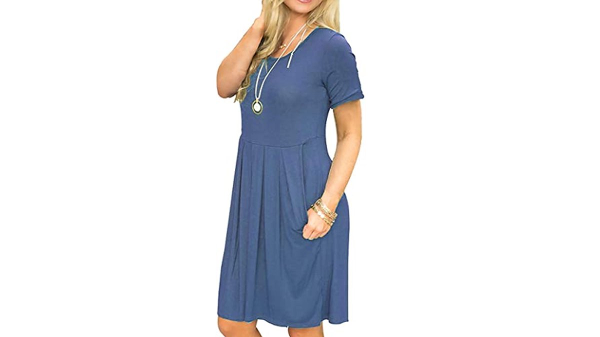 AUSELILY Women's Short Sleeve Pleated Loose Swing Dress