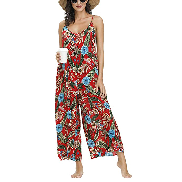 BUENOS NINOS Women's V Neck Floral Boho Printed Adjustable Spaghetti Strap Jumpsuit (Red Jumpsuit)