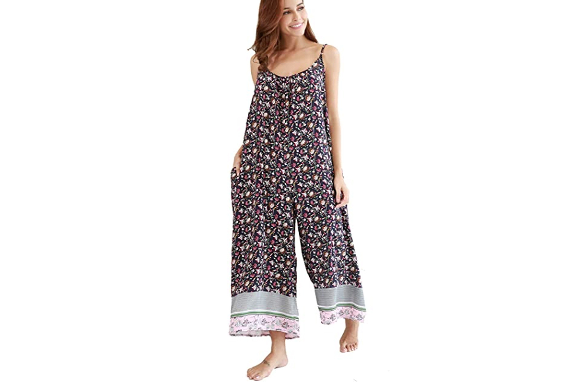 BUENOS NINOS Women's V Neck Floral Boho Printed Adjustable Spaghetti Strap Jumpsuit