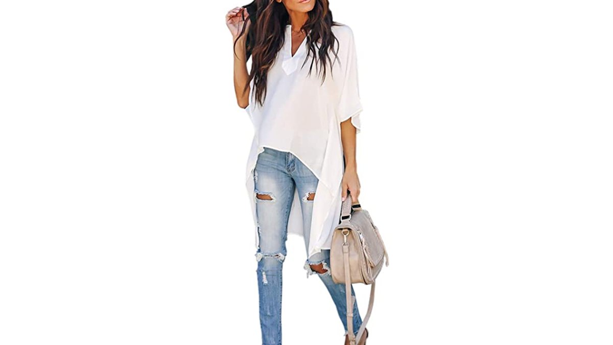 Ecrocoo Women's Casual Chiffon Half Sleeve V Neck Loose Fitting Chic High Low Kimono Top