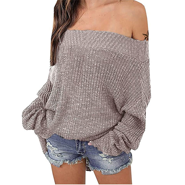 Exlura Women's Off Shoulder Sweater Batwing Oversized Jumper (Khaki)