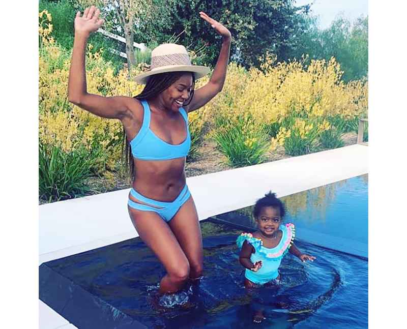 Gabrielle Union and Daughter Kaavia James Twin in Blue Swimsuits