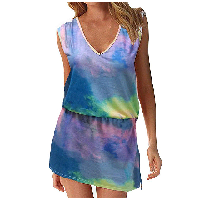 Hount Women's Beach Swimsuit Cover up Deep V-Neck Short Mini Dress (Multicolor)