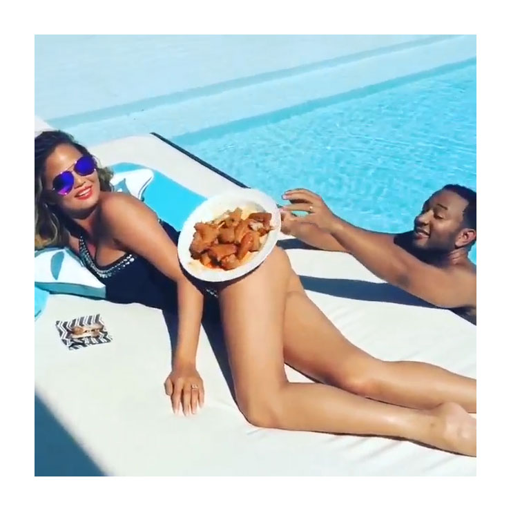 John Legend and Chrissy Teigen Instagram Stars Snacking Poolside Wings