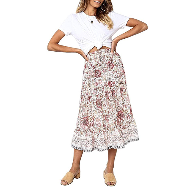 MEROKEETY Women's Boho Floral Print Elastic High Waist Midi Skirt (White)