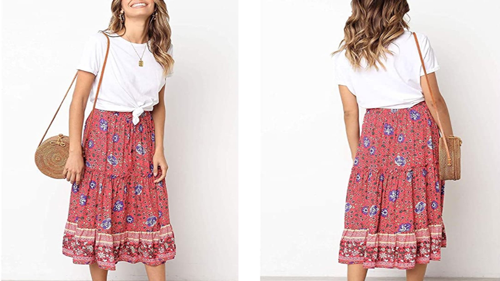 MEROKEETY Women's Boho Floral Print Elastic High Waist Midi Skirt